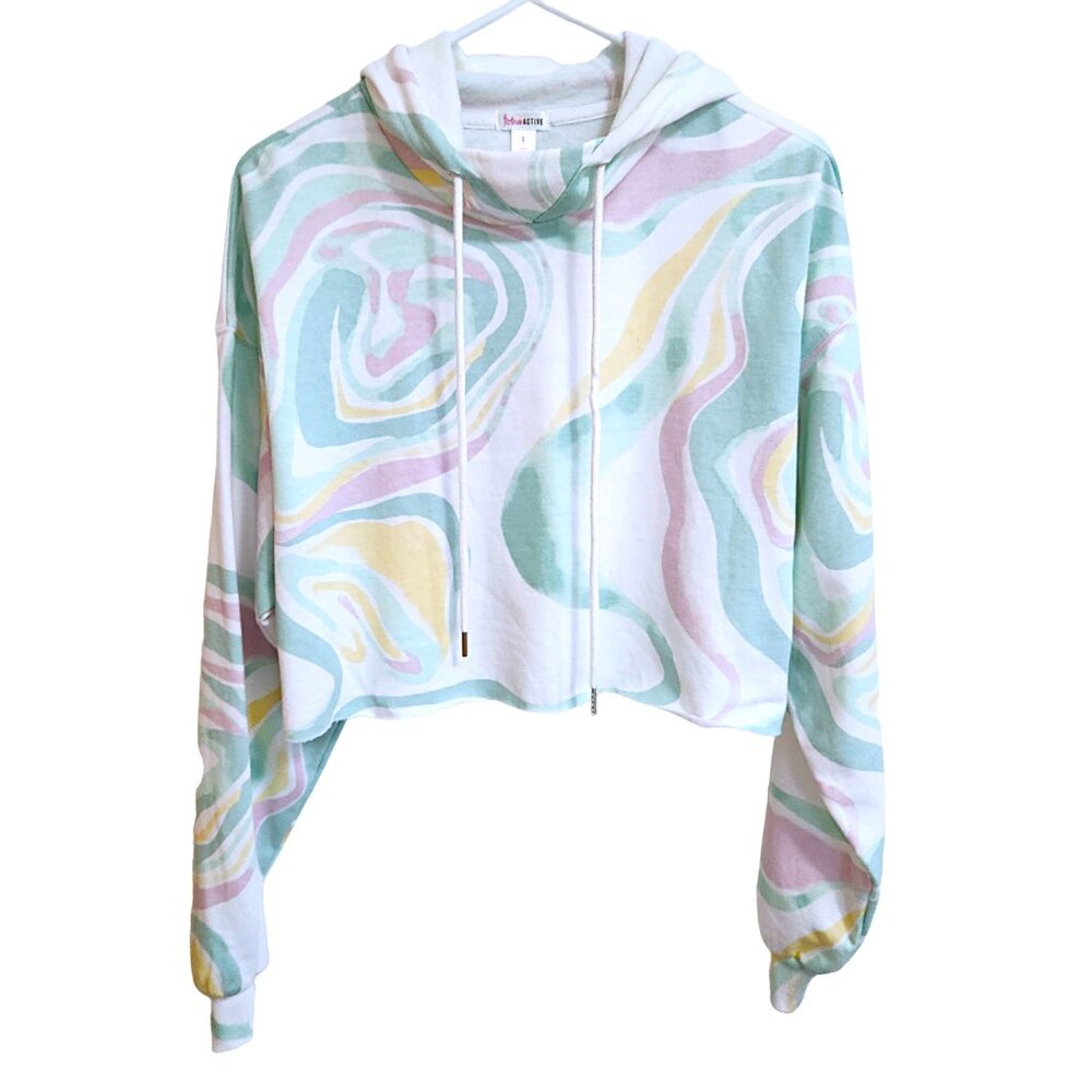Flirtitude Cropped Oversized Hoodie  Pastel Swirls on White Size S